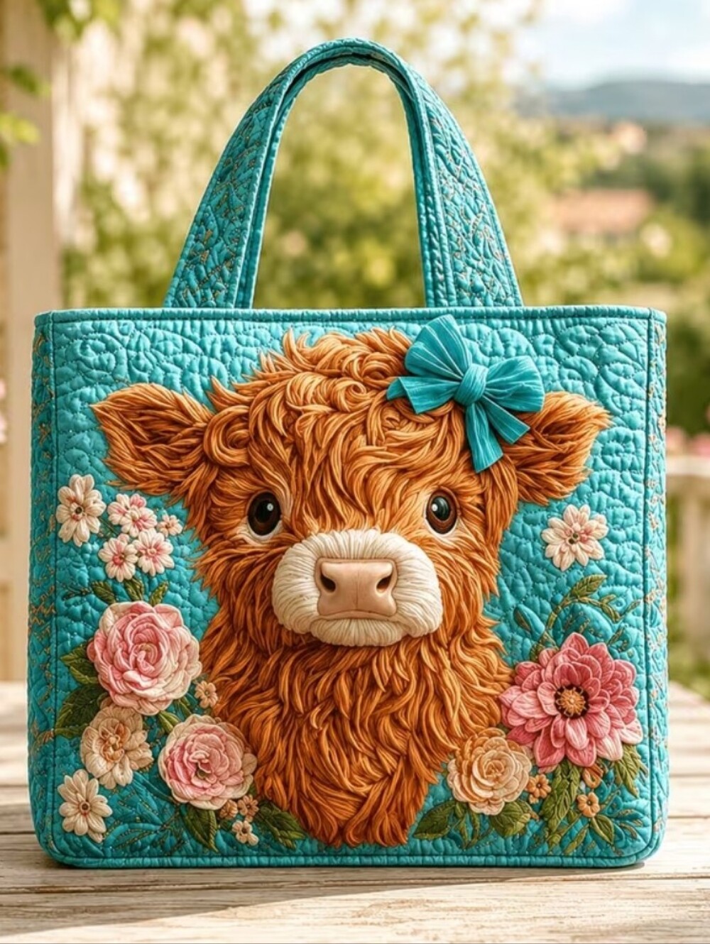 Floral Highland Cow Quilted Tote Bag- Turquoise